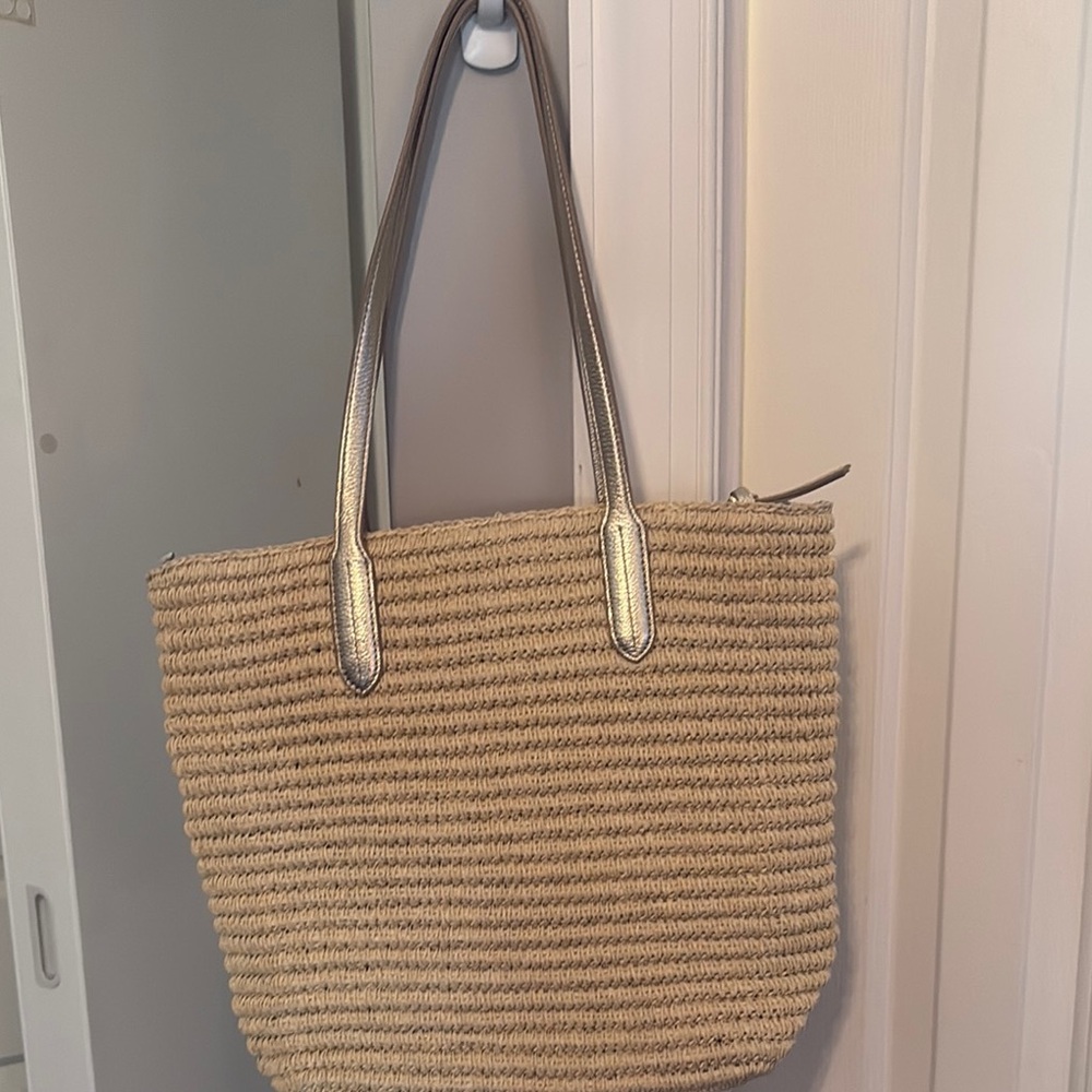 Talbots Tan and Silver Tote Bag with Structured Design
